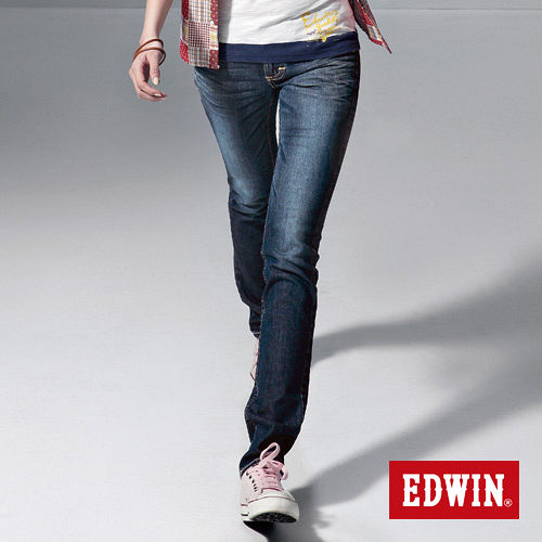 EDWIN MISS BT配皮窄直筒牛仔褲-女-酵洗藍