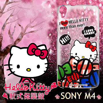 三麗鷗授權正版 Hello Kitty 凱蒂貓 Sony Xperia M4 Aqua 透明軟式保護套 手機殼 (糖果HI)