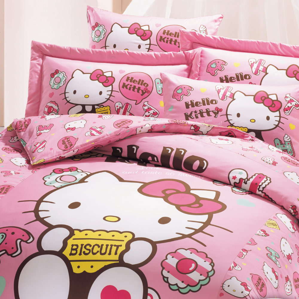 【鴻宇HongYew】美國棉/台灣製/日本抗菌/Hello Kitty繽紛甜心系列-雙人四件式薄被套床包組