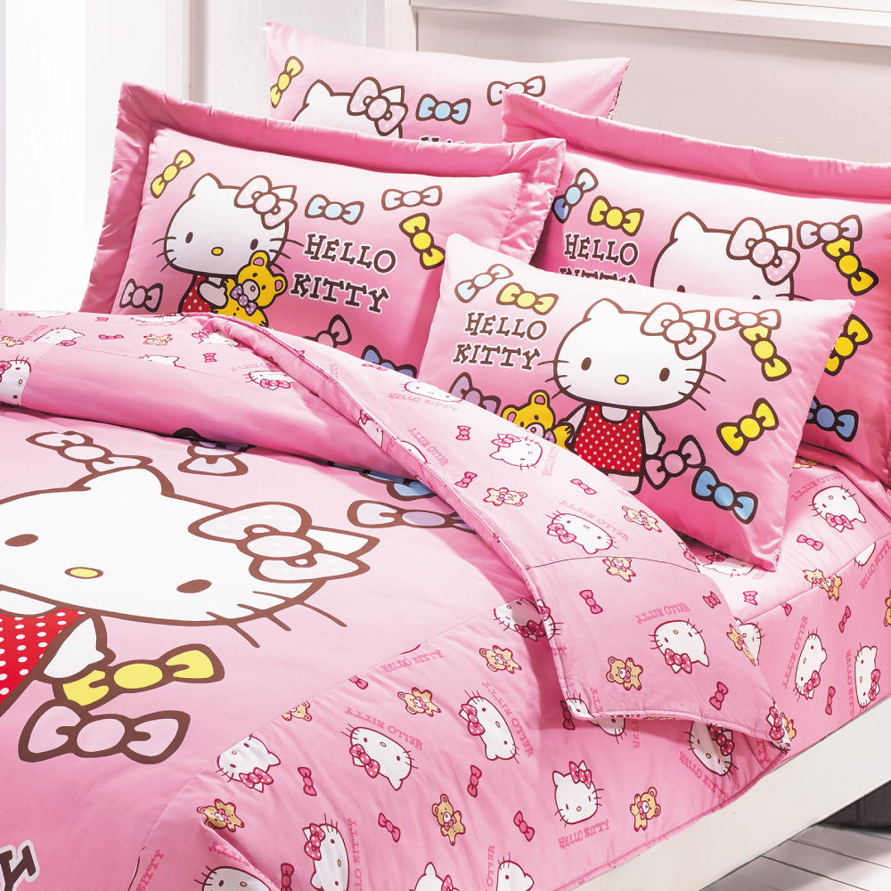 【鴻宇HongYew】美國棉/台灣製/日本抗菌/Hello Kitty哈尼小熊系列-單人三件式薄被套床包組