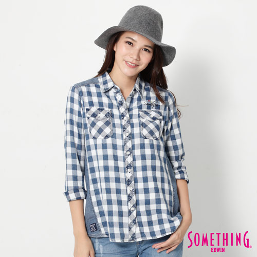 SOMETHING 拼接丹寧格紋長袖襯衫-女-藍色