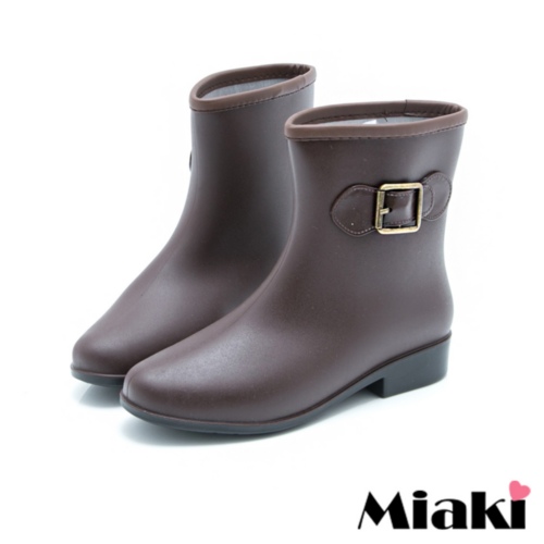 【Miaki】雨靴雨天首選摩登低跟短靴雨鞋 (咖啡色)