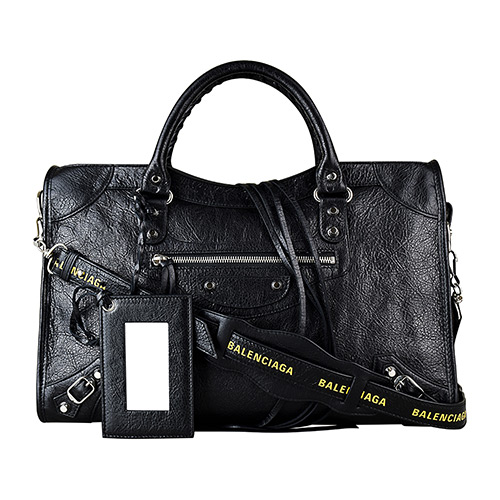 BALENCIAGA巴黎世家CITY系列印花黃字LOGO小羊皮銀釦手提斜背機車包(黑)