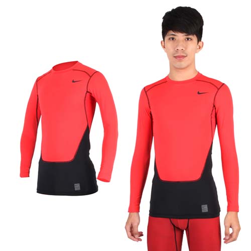 (男) NIKE PRO COMBAT長袖緊身衣-保暖 慢跑 健身 重訓 T恤 橘紅黑
