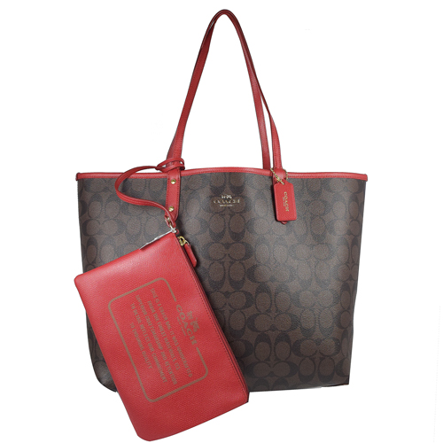 COACH 馬車LOGO皮革防水PVC雙面大托特包.深咖/紅
