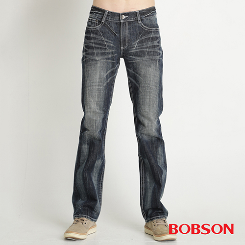 BOBSON 男款仿皮繡花中直筒褲(藍1735-53)