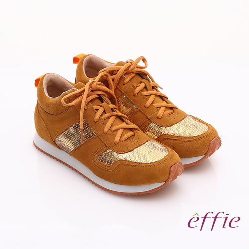 【effie】心機美型 絨面真皮亮片綁帶奈米休閒鞋(土黃)