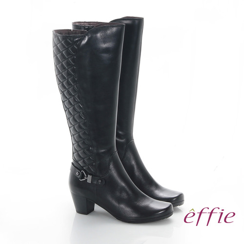 【effie】魅力時尚 真皮後側拼接菱格中跟長靴(黑)