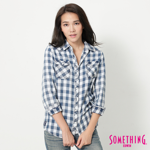 SOMETHING 格紋長袖襯衫-女-藍色