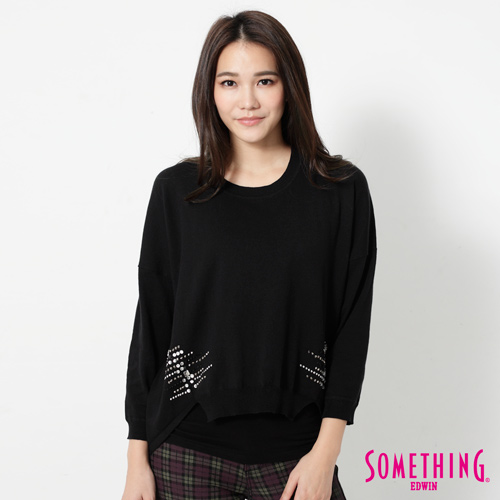 SOMETHING 特殊剪裁寬版線衫-女-黑色