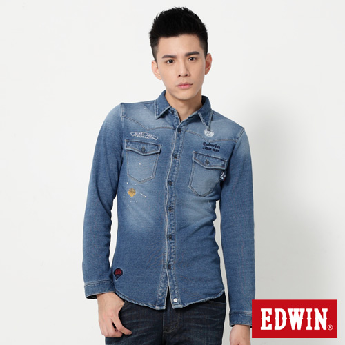 EDWIN 江戶勝INDIGO潑漆厚襯衫-男-漂淺藍