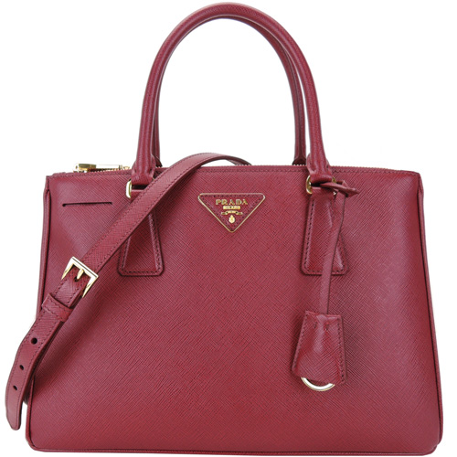 PRADA Saffiano Lux防刮牛皮雙拉鍊手提/斜背兩用殺手包(中/酒紅)