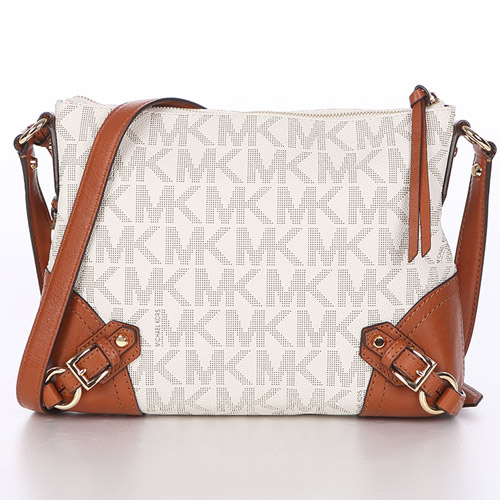 MICHAEL KORS Fallon金牌飾前拉鍊牛皮邊飾防刮斜背包(中/米棕)