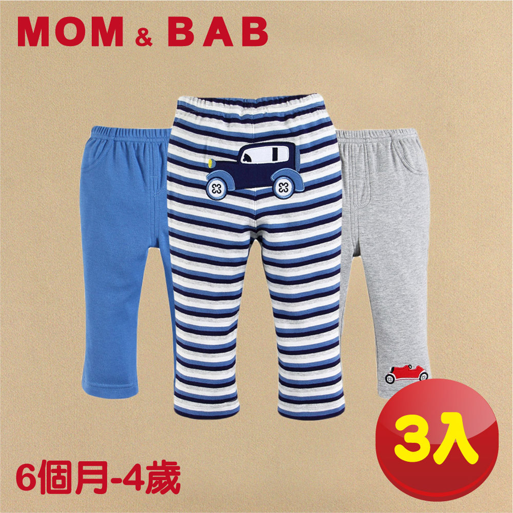 (購物車)【MOM AND BAB】深藍汽車純棉休閒長褲-三件組(6M-4T)