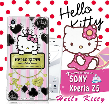 三麗鷗SANRIO授權正版 Hello Kitty凱蒂貓 Sony Xperia Z5 5.2吋 透明軟式保護套 手機殼(撲克牌)