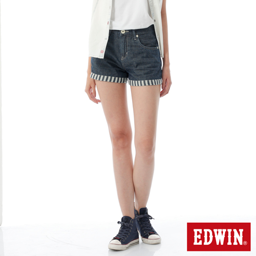 EDWIN MISS503反摺條紋棉麻短褲-女-酵洗藍