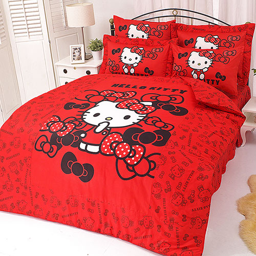【享夢城堡】HELLO KITTY 我的小可愛系列-雙人純棉四件式薄被套床包組(粉)(紅)