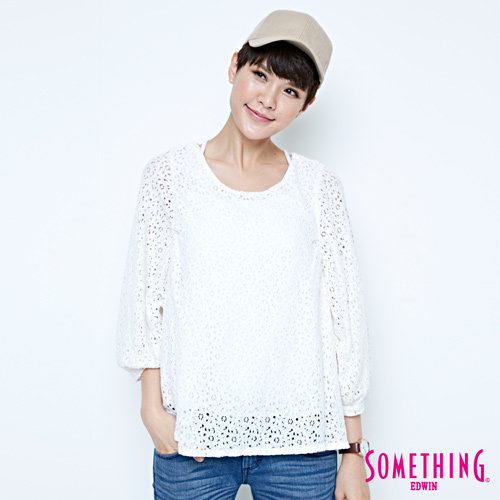 SOMETHING 氣質蕾絲七分袖T恤-女-白色