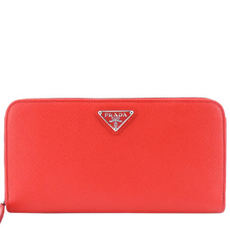 PRADA Saffiano 三角標防刮牛皮拉鍊長夾(西瓜紅)