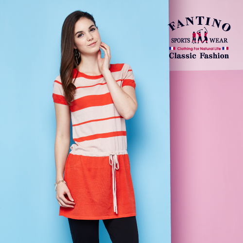 FANTINO
 甜美條紋抽繩縮腰長版針織衫