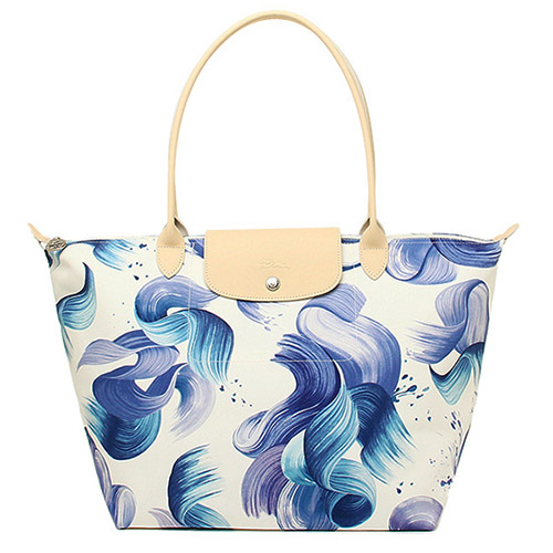 Longchamp 藝術水花圖紋棉質帆布水餃包_ 長把/中/藍色