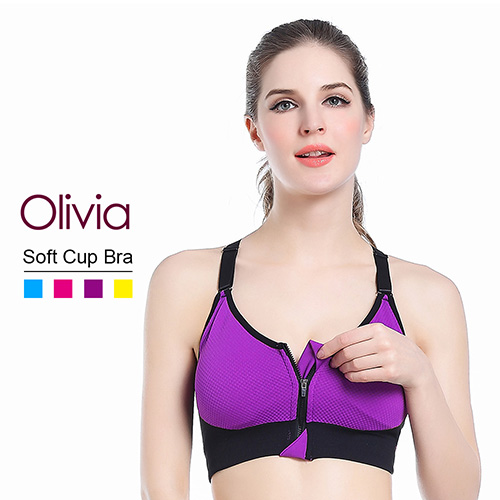 【Olivia】專業防震無鋼圈舒適撞色款運動內衣/拉鍊款 (紫色)