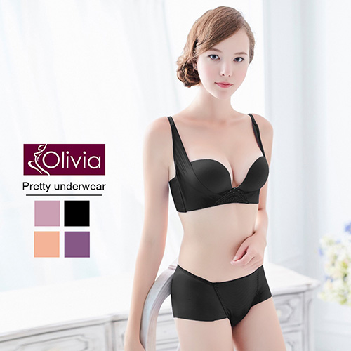 【Olivia】3D無鋼圈集中無痕珠光杯內衣褲套組(黑色)-C杯