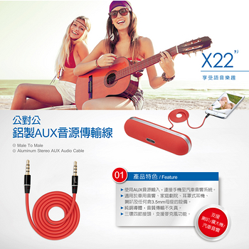 E-books X22鋁製AUX音源傳輸線公對公3.5mm-200cm