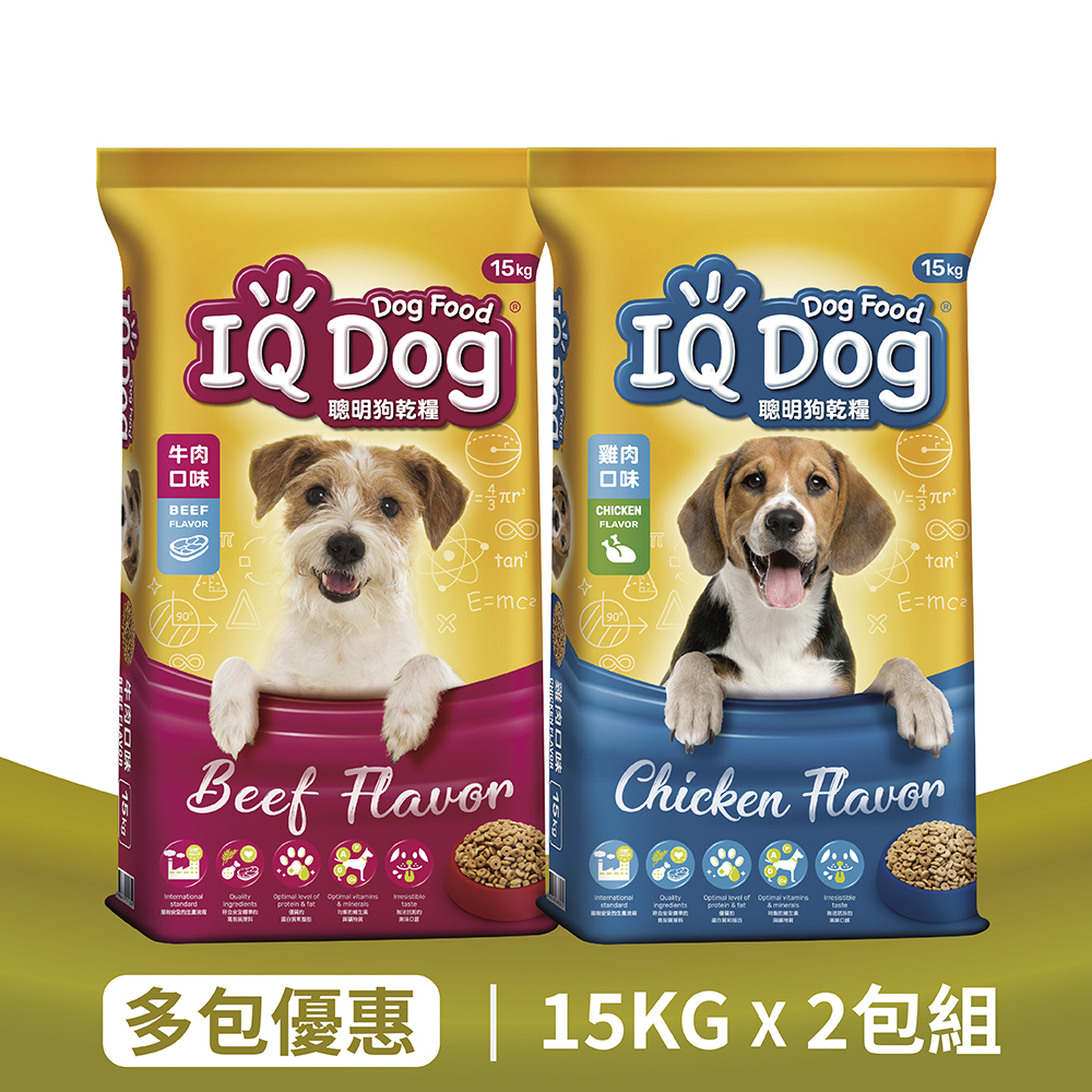 【IQ Dog】聰明狗乾糧 - 牛肉(15kg x1包)+雞肉(15kg x1包) 共2包