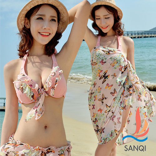【SANQI三奇】翩翩粉蝶 三件式鋼圈比基尼泳衣(粉M~XL)