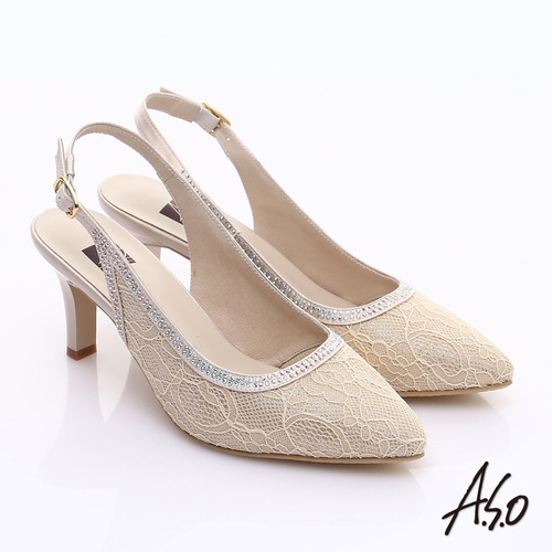 A.S.O 甜蜜樂章 蕾絲緞布水鑽繫帶高跟涼鞋(金)