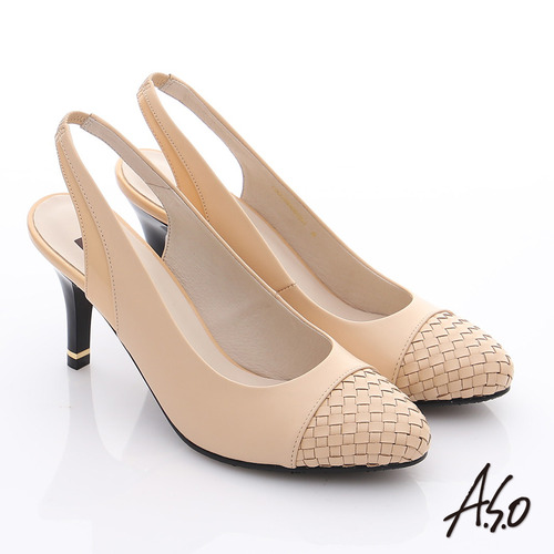 A.S.O 復古女伶 牛皮拼接編織紋高跟涼鞋(卡其)
