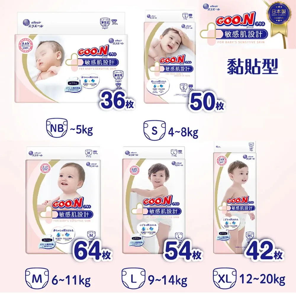 日本大王 GOO.N Plus 敏感肌設計紙尿布 NB S M L XL (4包/箱) 黏貼型尿片 紙尿褲