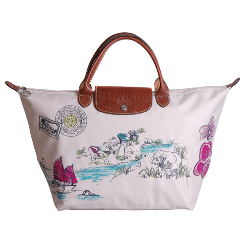 Longchamp Autour de Ha long 刺繡季節款短把水餃包(中/米紙)