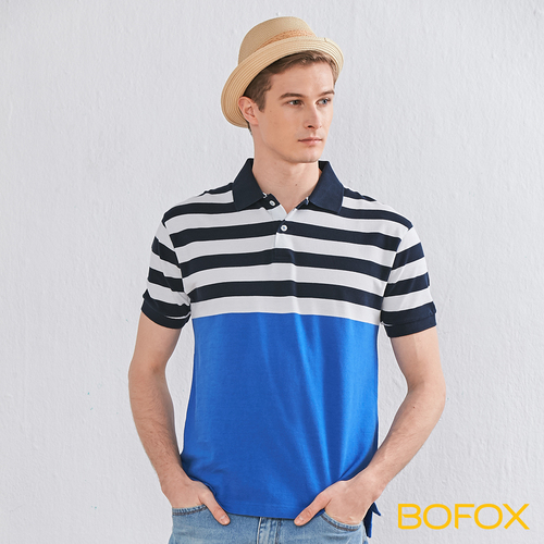 BOFOX 海軍風條紋拼接POLO衫-藍