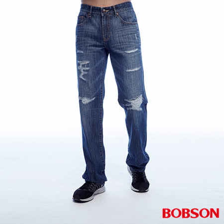 BOBSON  男款低腰刷破補釘直筒褲