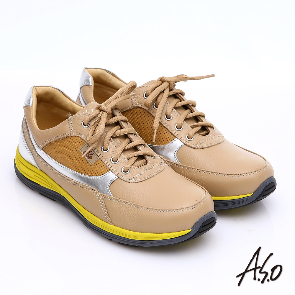 【A.S.O】輕漾彈力 全真皮撞色奈米綁帶休閒鞋(卡其)