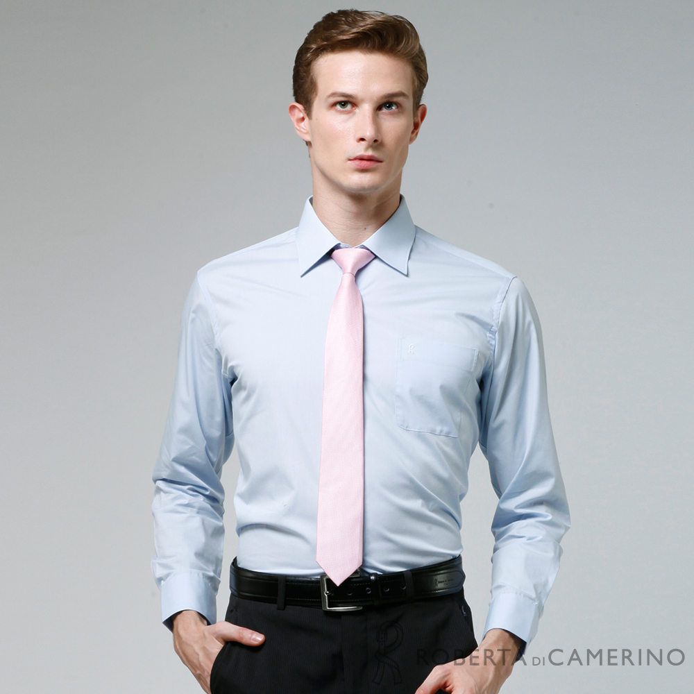 台灣製 合身版商務型男素面長袖襯衫 淺藍