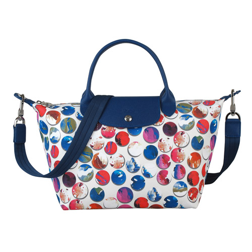 LONGCHAMP LE PLIAGE FANTAISIE系列多色彩球帆布手提/肩背包(小/藍+白)