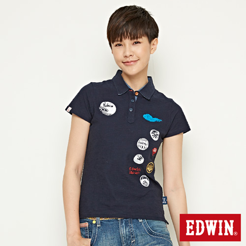 EDWIN 江戶勝 家徽短袖POLO衫-女-丈青