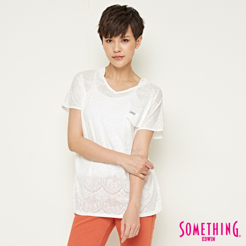 SOMETHING 網路限定 優雅蕾絲風短袖T恤-女-白色