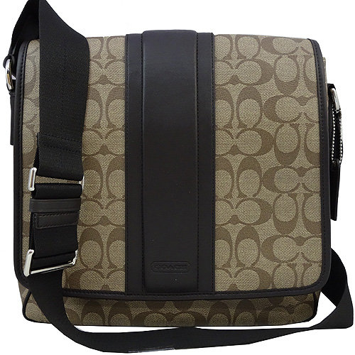 COACH 經典C LOGO皮革飾條PVC掀蓋斜背書包-咖啡
