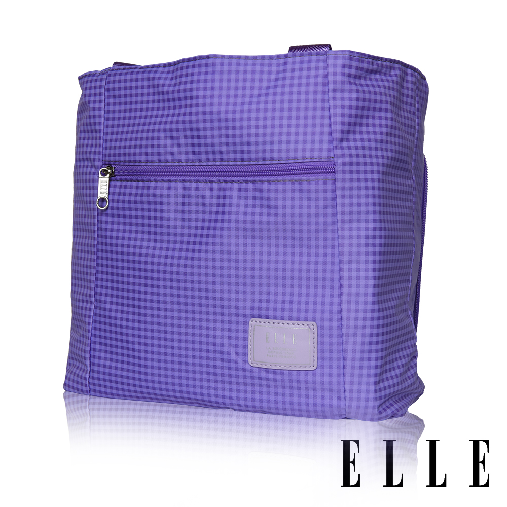 ELLE 輕旅休閒可掛式摺疊收納尼龍手提肩背包-(格紋紫 EL82357-24)
