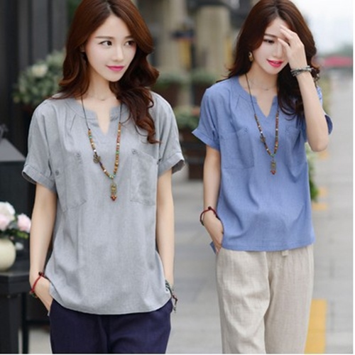 MIDORI╭。綠
V領寬鬆簡約棉麻袖