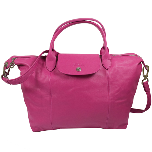 法國Longchamp Le Pliage Cuir 折疊小羊皮短把兩用包.桃紅 #1515