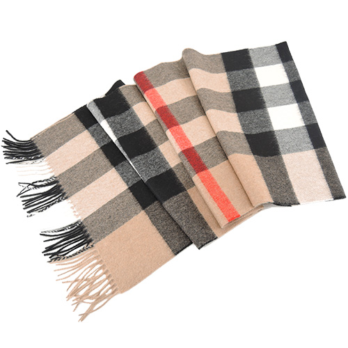 BURBERRY 經典格 紋100% 喀什米爾羊毛寬版圍巾(卡其黑)