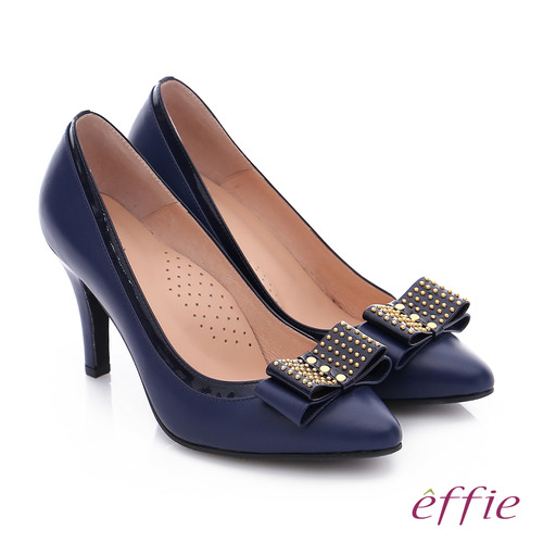 effie 耀眼女伶 真皮併接金屬鉚釘蝴蝶結高跟鞋 (藍)