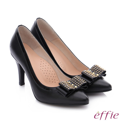 effie 耀眼女伶 真皮併接金屬鉚釘蝴蝶結高跟鞋 (黑)