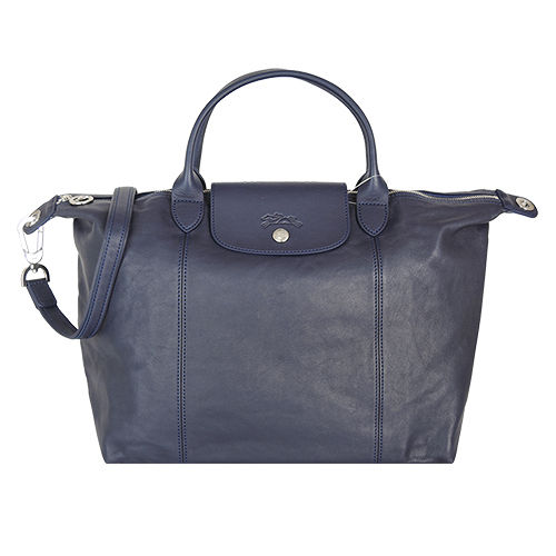 LONGCHAMP Le Pliage Cuir 小羊皮短把折疊小型水餃包(中/深藍)