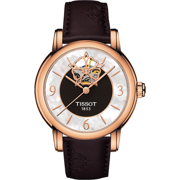 TISSOT Lady Heart 花朵鏤空機械腕錶-珍珠貝x玫瑰金框/35mm T0502073711704